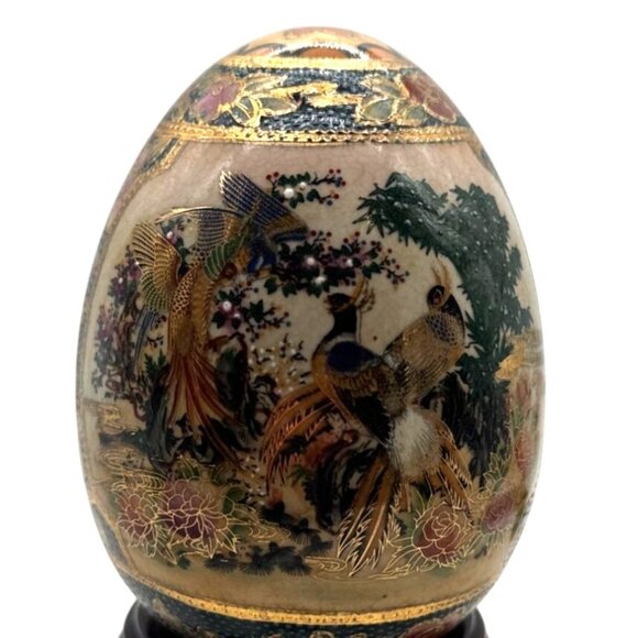 Vintage Satsuma Hand Painted Porcelain Egg Peacock & Floral Gilded 5" - Picture 1 of 7